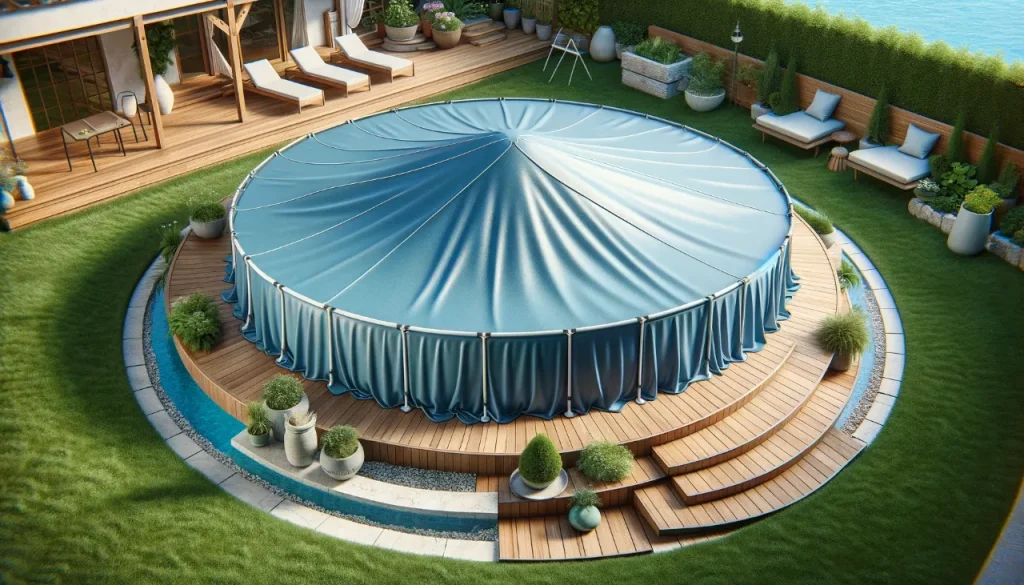 A well-kept backyard featuring a circular pool with a central pillow concealed beneath a draped blue pool cover, surrounded by wooden decking and greenery.