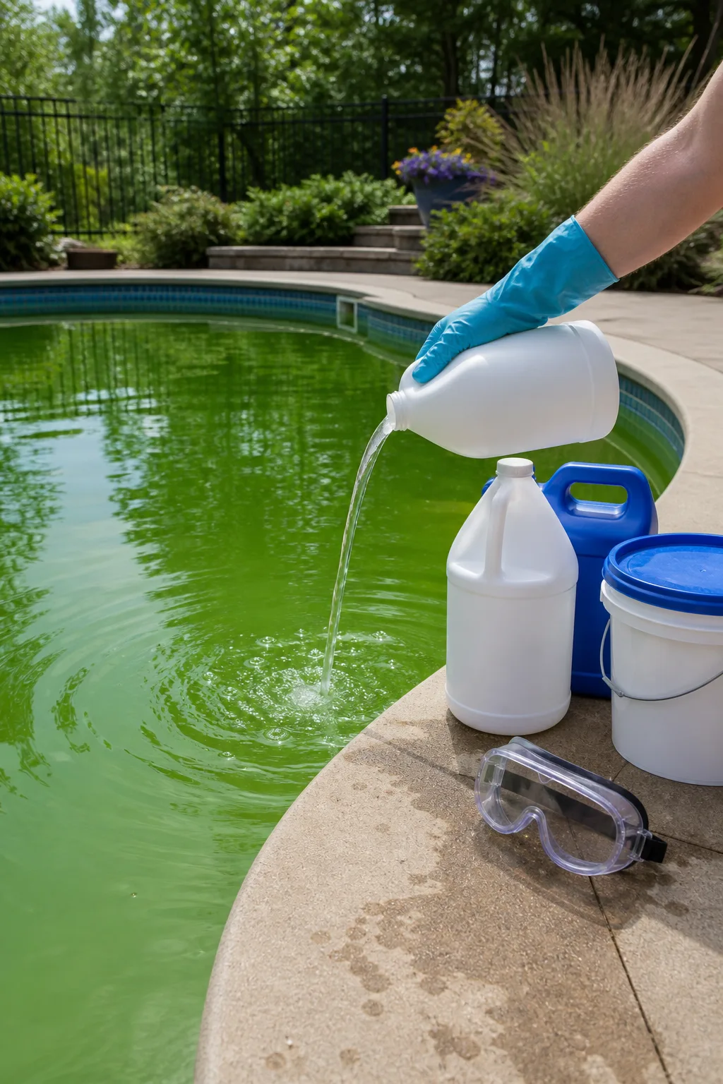 Adding liquid chlorine to a green pool after testing and pH adjustment