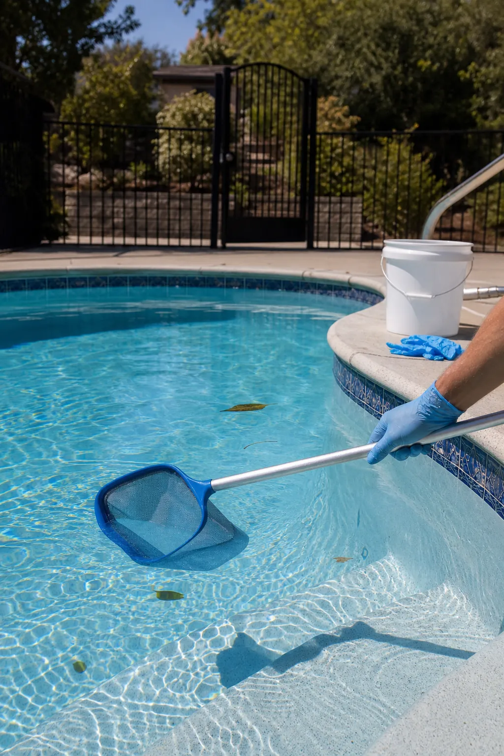 Pool owner using gloves and a skimmer net after finding animal poop in a backyard pool