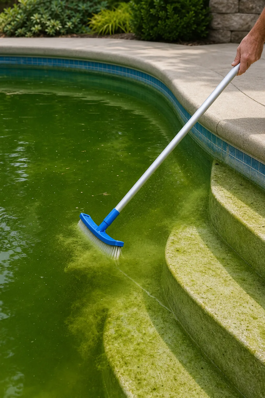 Brushing algae from green pool steps during opening cleanup