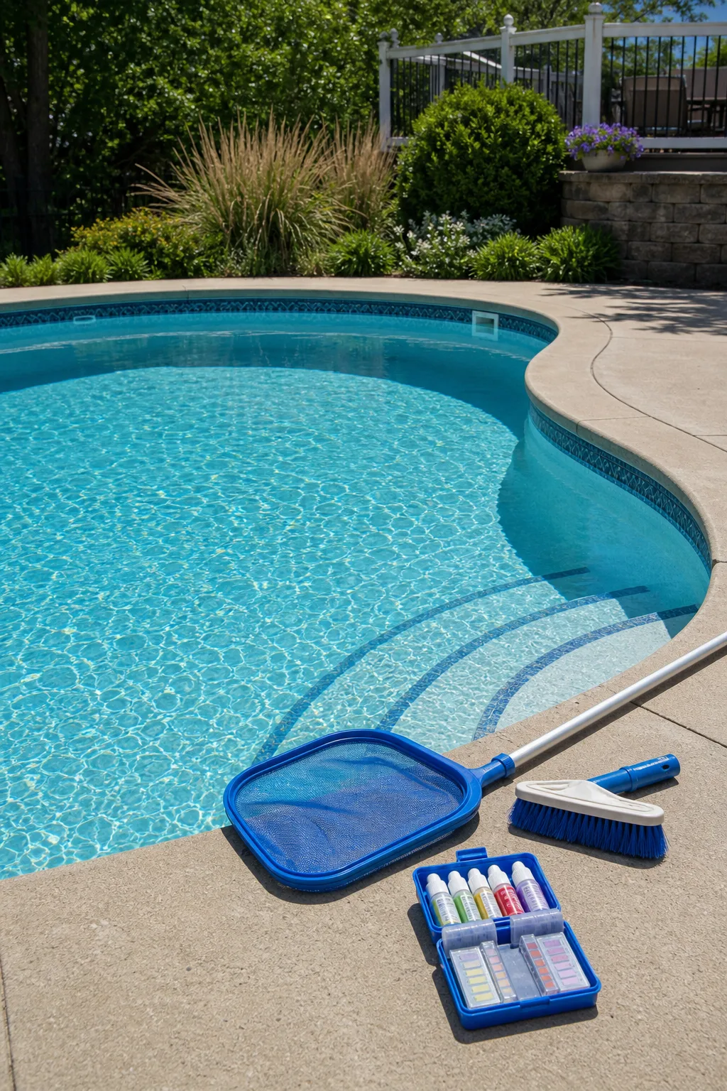 Clear blue pool after opening cleanup with test kit and cleaning tools ready