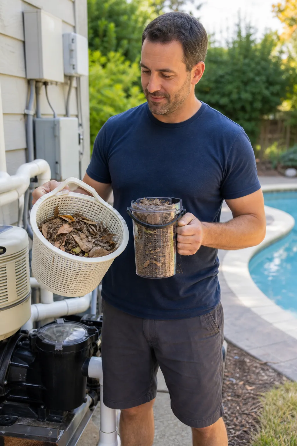 Clogged pool skimmer and pump baskets reducing water flow and filter pressure