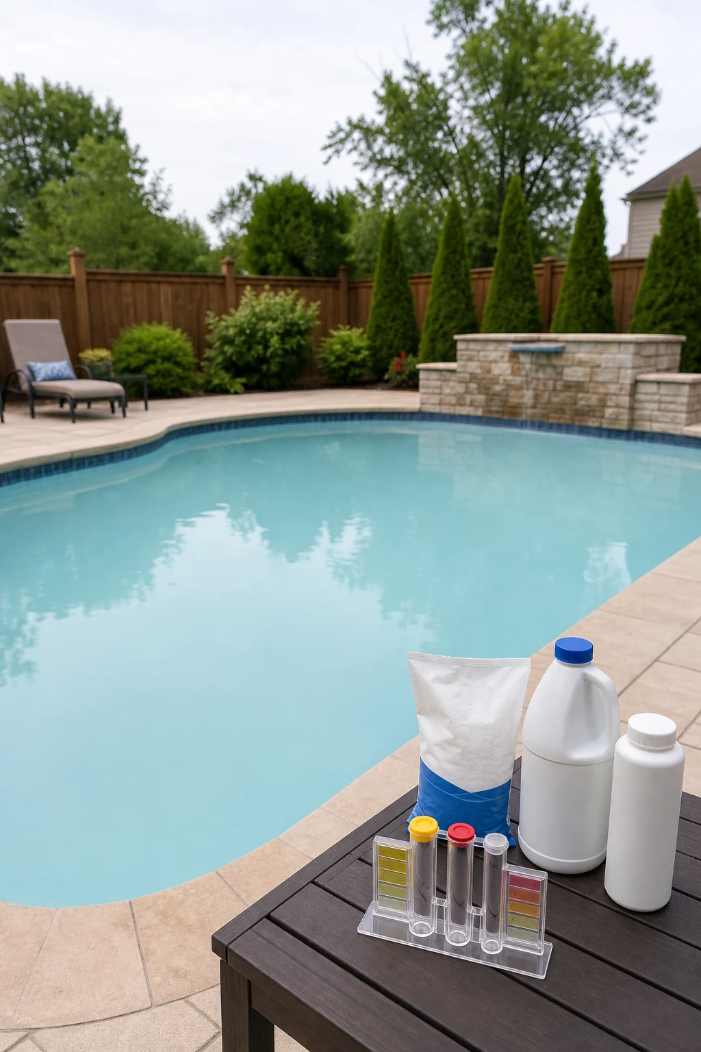Cloudy blue pool water after shock flocculant and clarifier treatment
