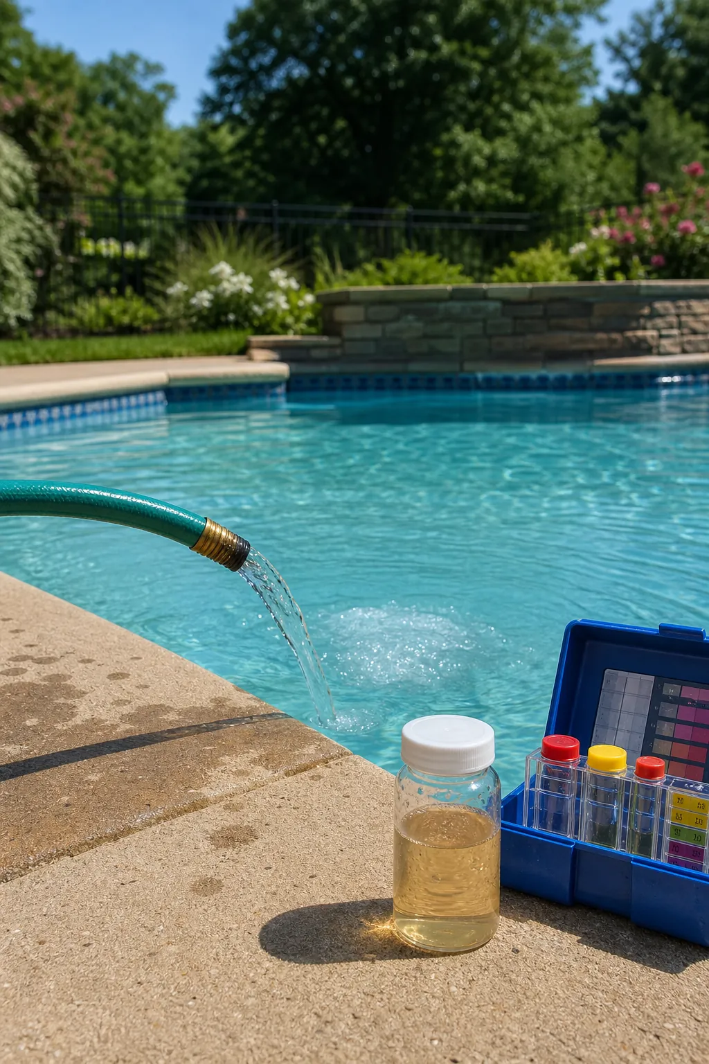 Swimming pool being filled with well water beside a test kit and amber water sample