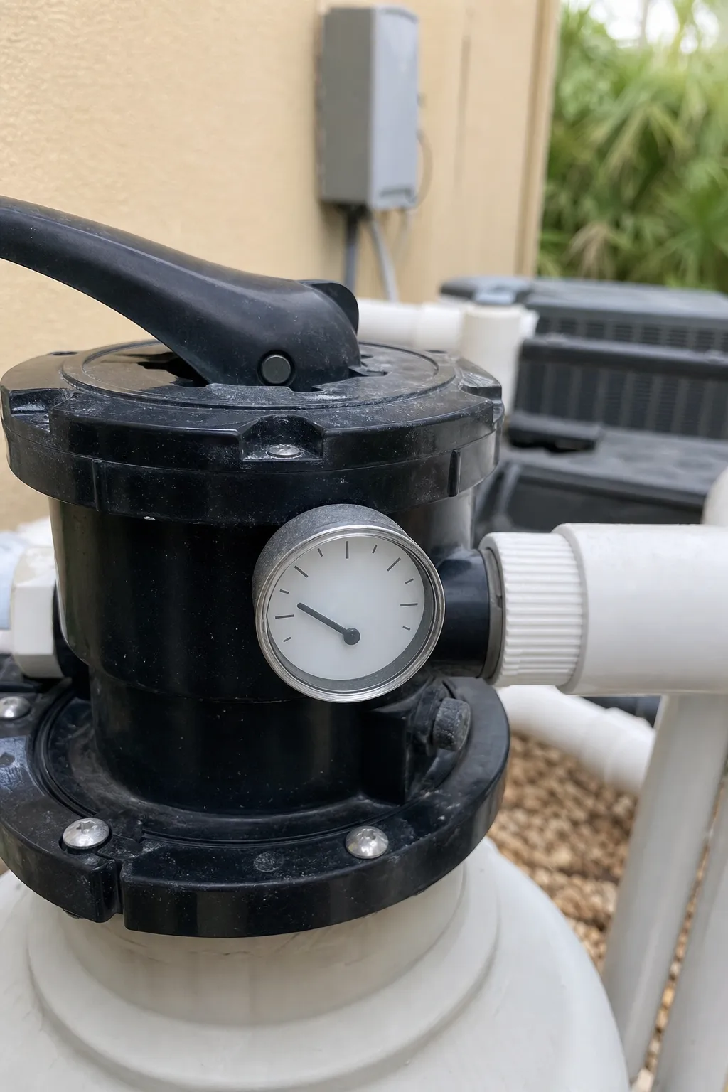 Pool filter pressure gauge used to compare clean pressure with low flow symptoms