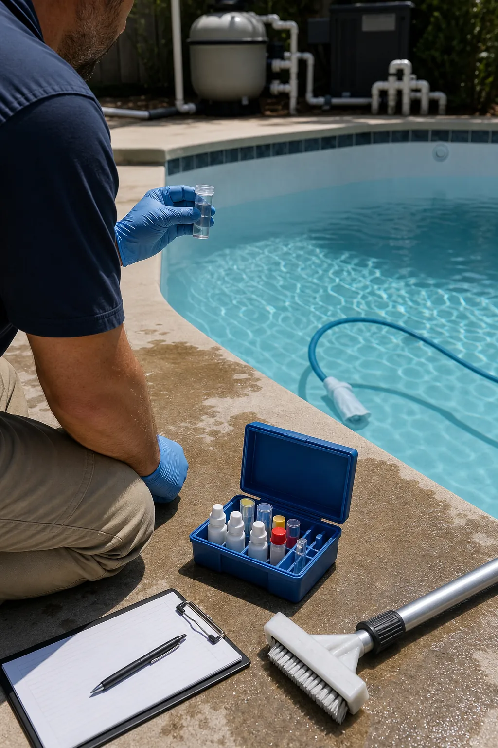 Pool technician testing fill water during new plaster startup