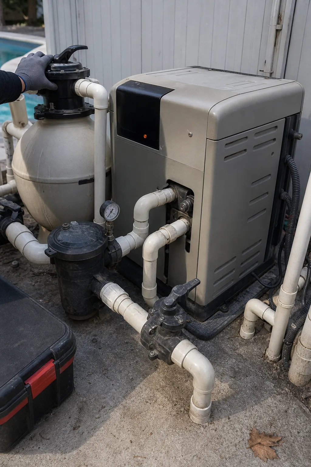 Gas pool heater and filter equipment pad inspected for flow and service issues