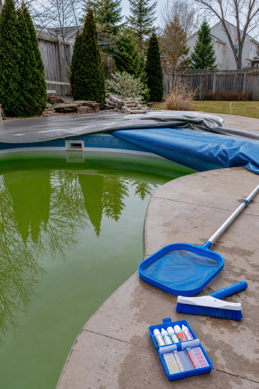 Green pool opening checklist with cover pulled back and testing tools ready