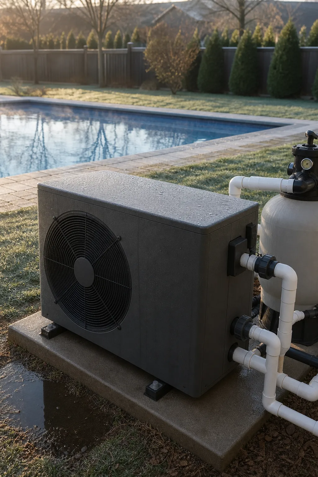 Heat pump pool heater running beside a backyard pool on a cool morning