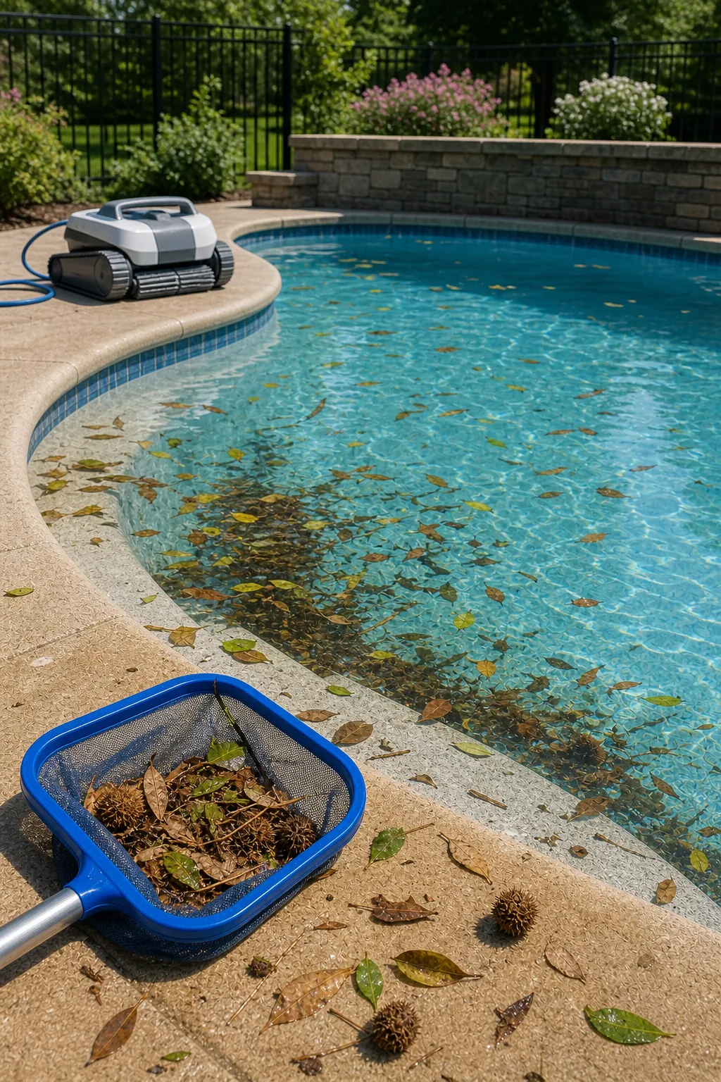 Leaves and heavy debris that should be skimmed before using a pool robot
