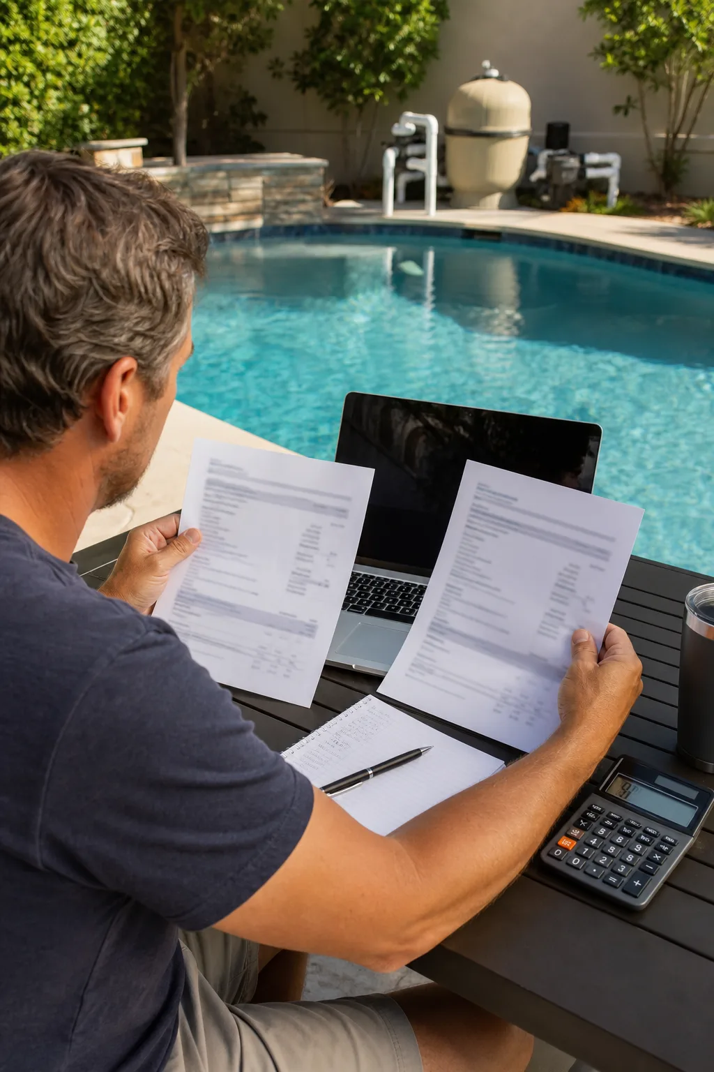 Homeowner comparing pool repair estimates at a patio table before approving work