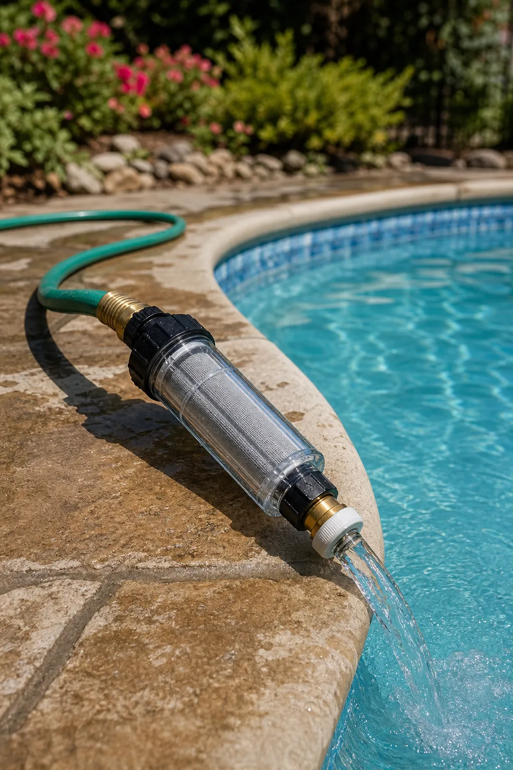 Hose-end metal filter used while filling a swimming pool with well water