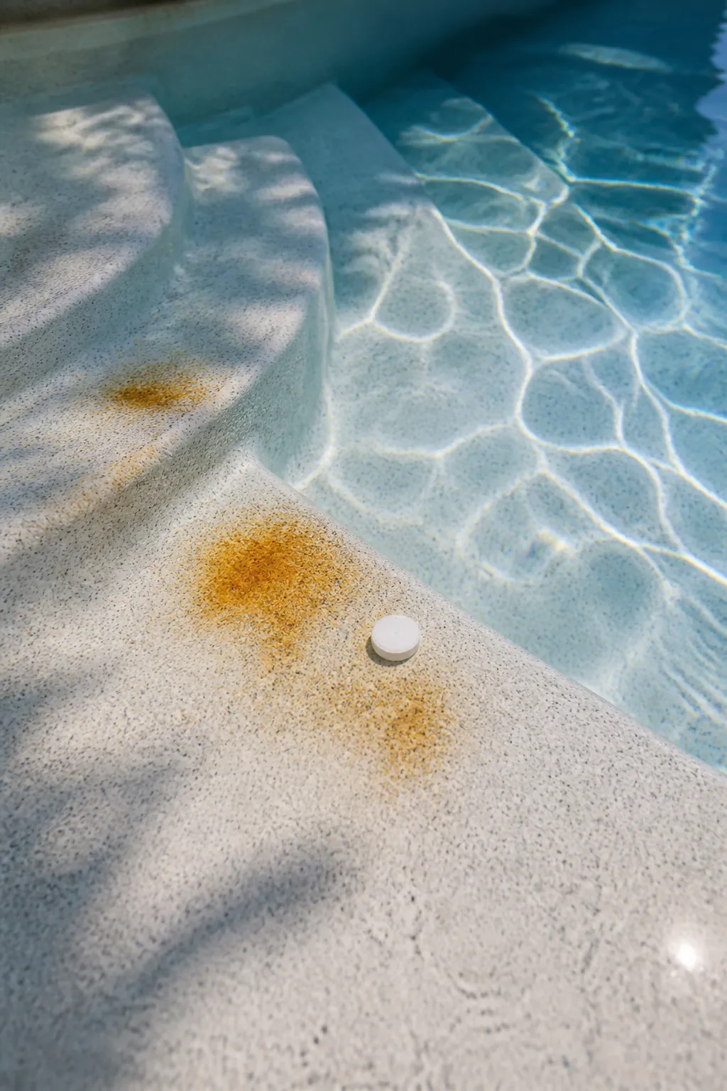 Vitamin C spot test on orange-brown iron stains on pool steps