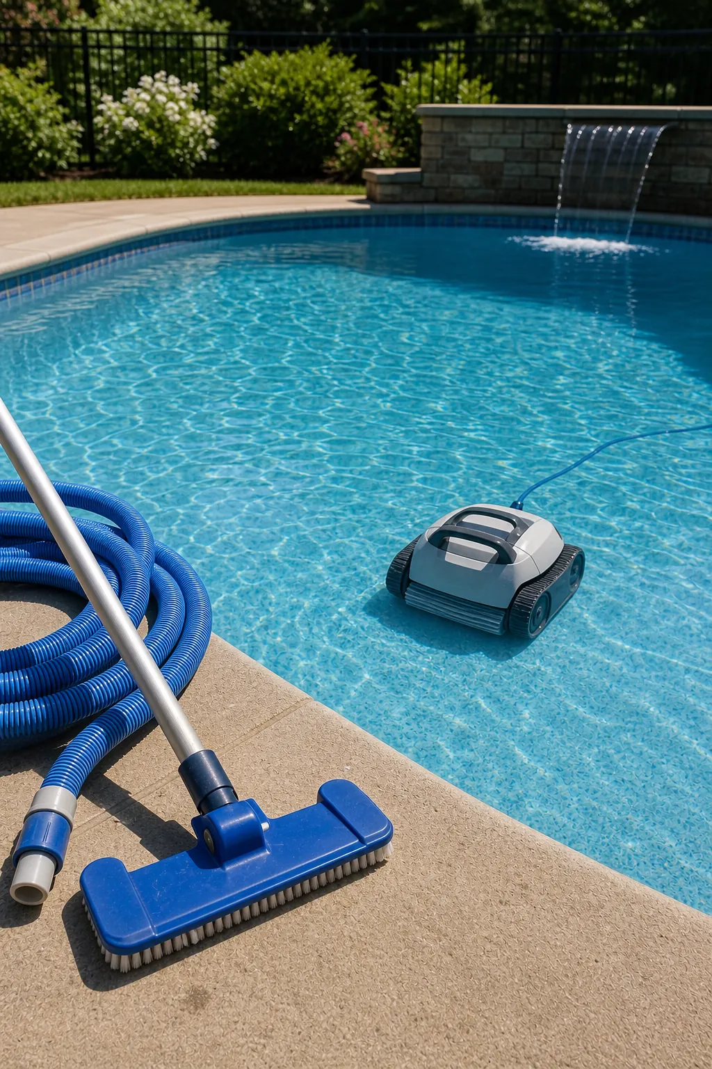 Manual pool vacuum tools beside a robotic pool cleaner for time comparison