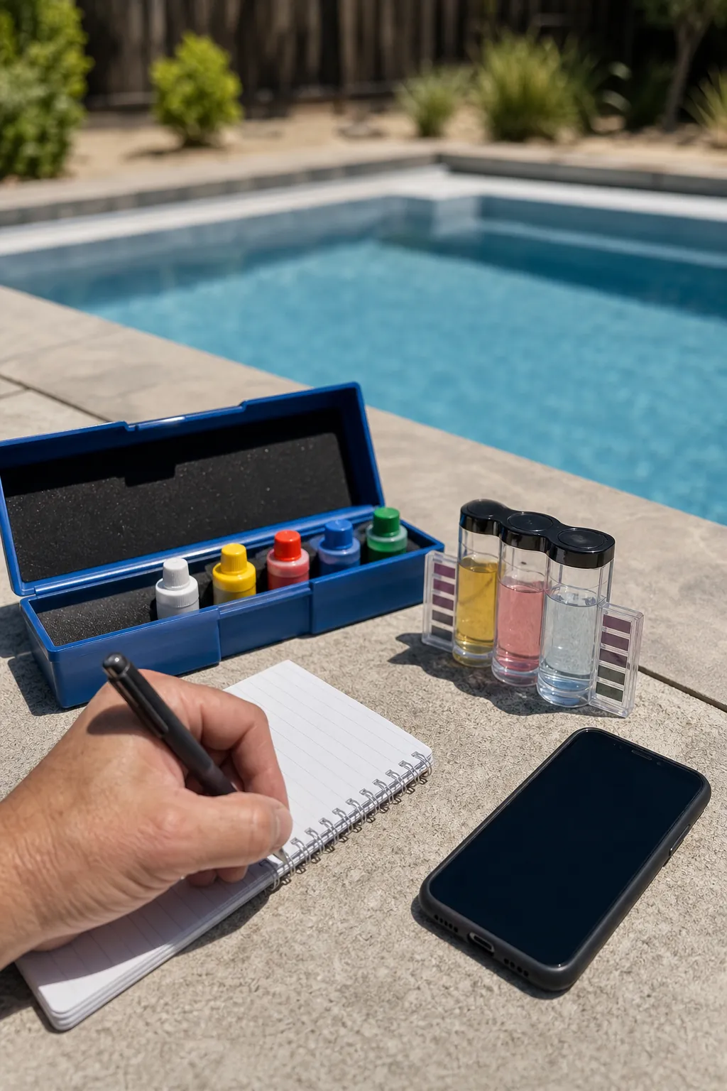 Pool owner recording pH and chlorine readings during startup