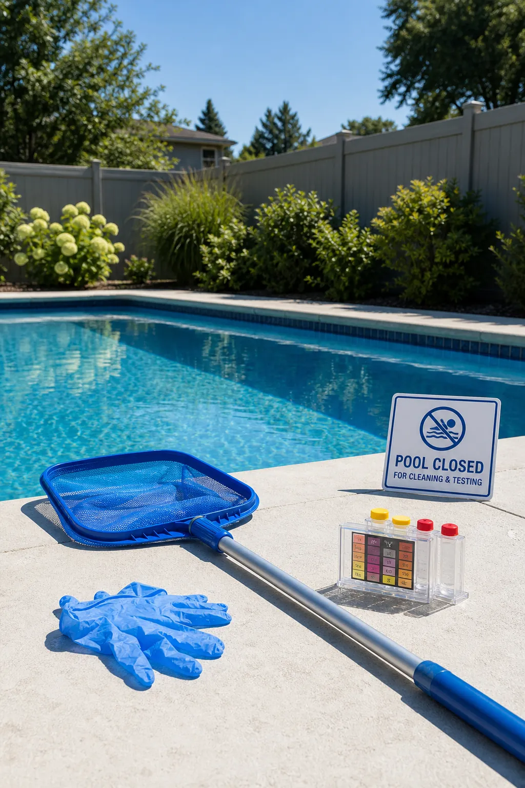 Safe pool cleanup tools beside clean backyard water after animal contamination