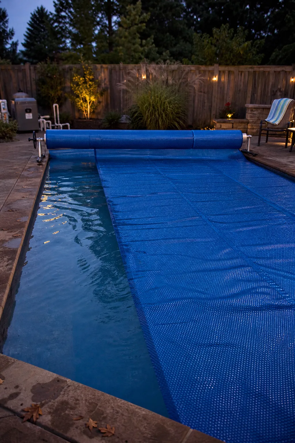 Pool cover pulled over warm backyard pool water to retain heat overnight