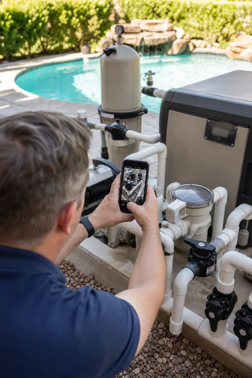 Homeowner photographing pool equipment and valve layout before getting a second repair quote
