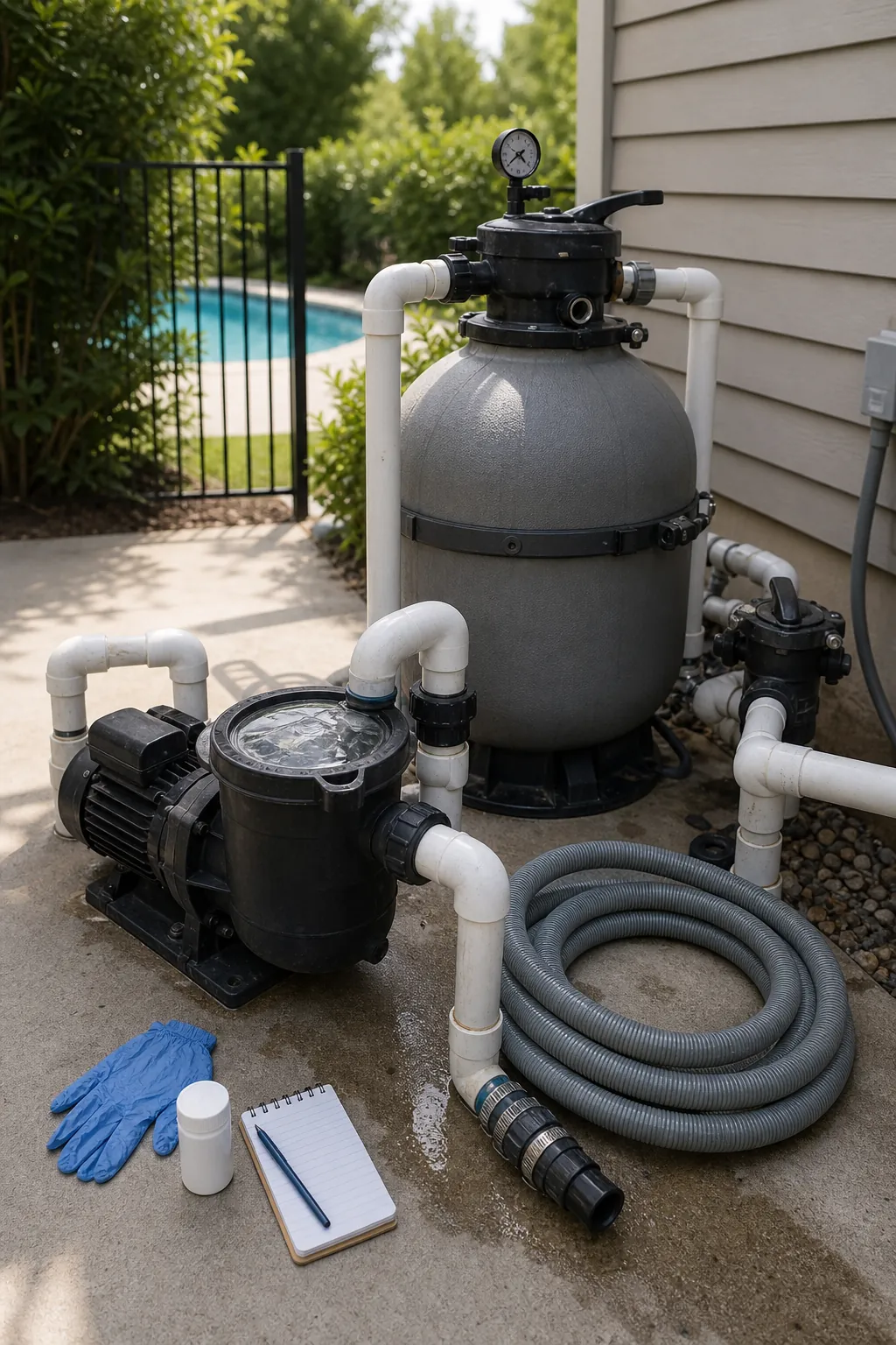 Pool filter system running after contamination cleanup and backwash preparation
