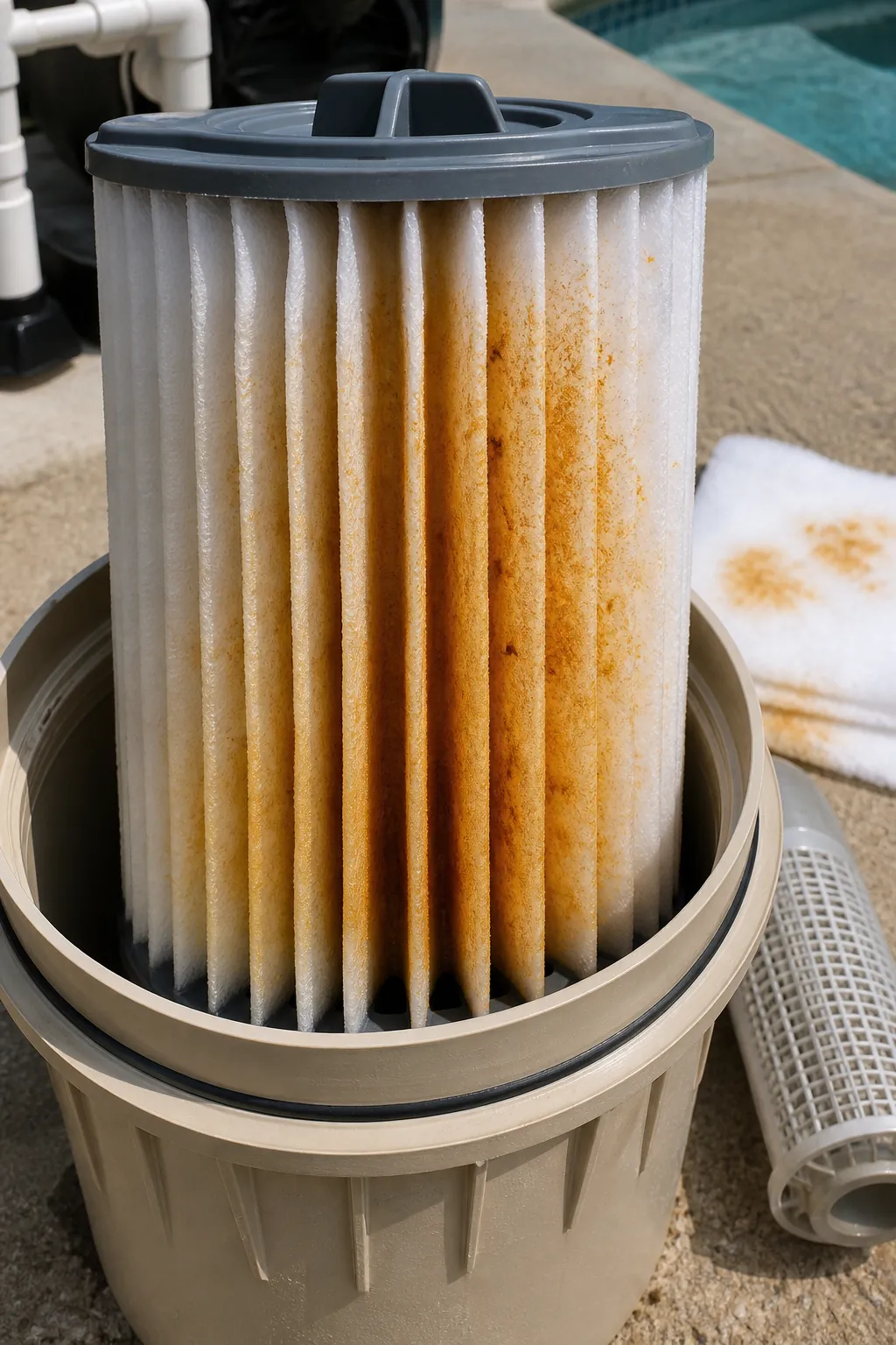 Pool filter cartridge catching orange iron sediment from well water