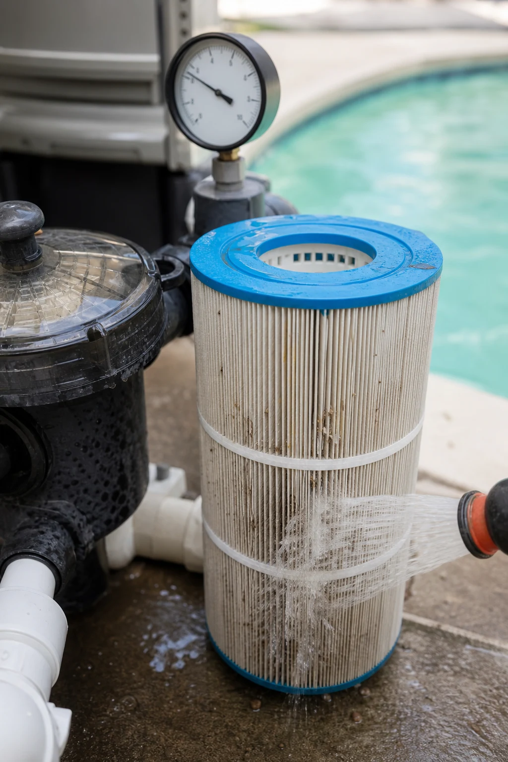 Pool filter cleaning and pressure gauge check for cloudy water