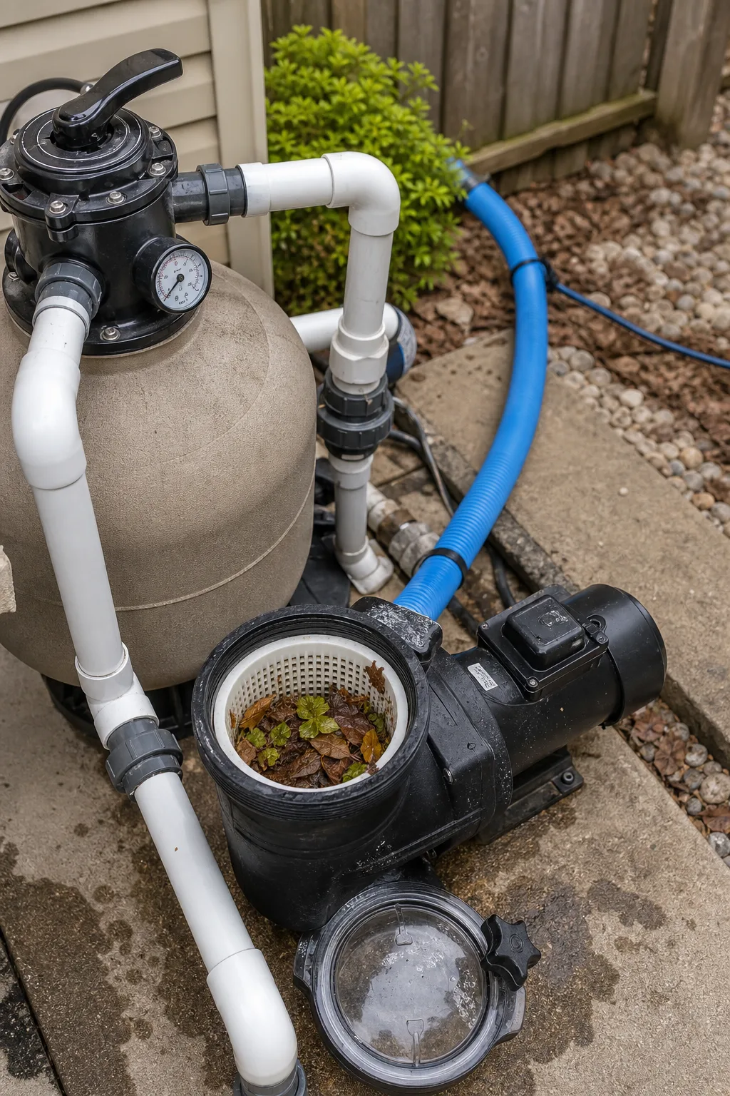 Checking pool filter pressure and pump basket during a green pool opening