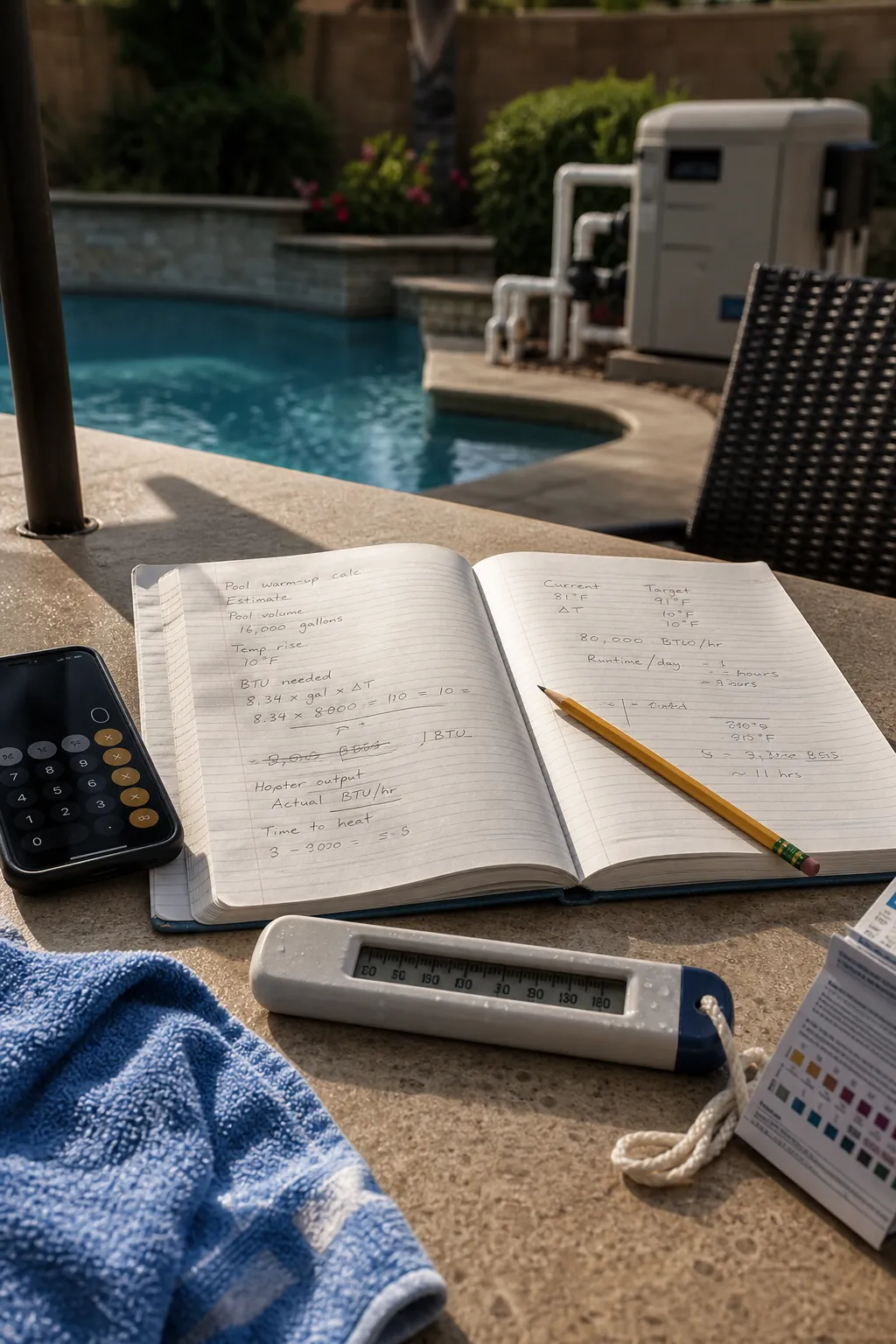 Notebook with pool heater BTU warm-up calculation beside a pool thermometer