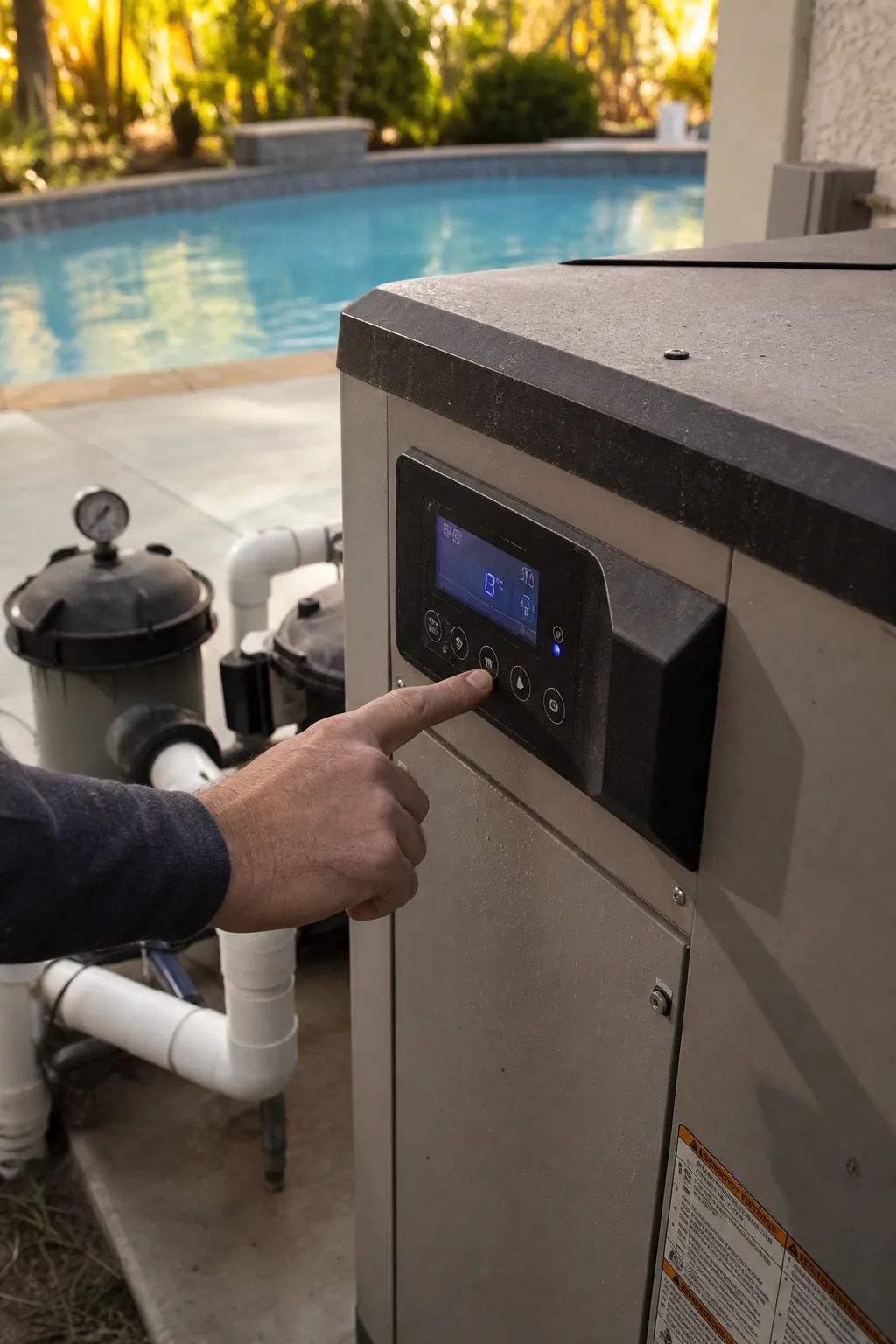 Pool heater control panel showing a backyard pool warm-up temperature setting