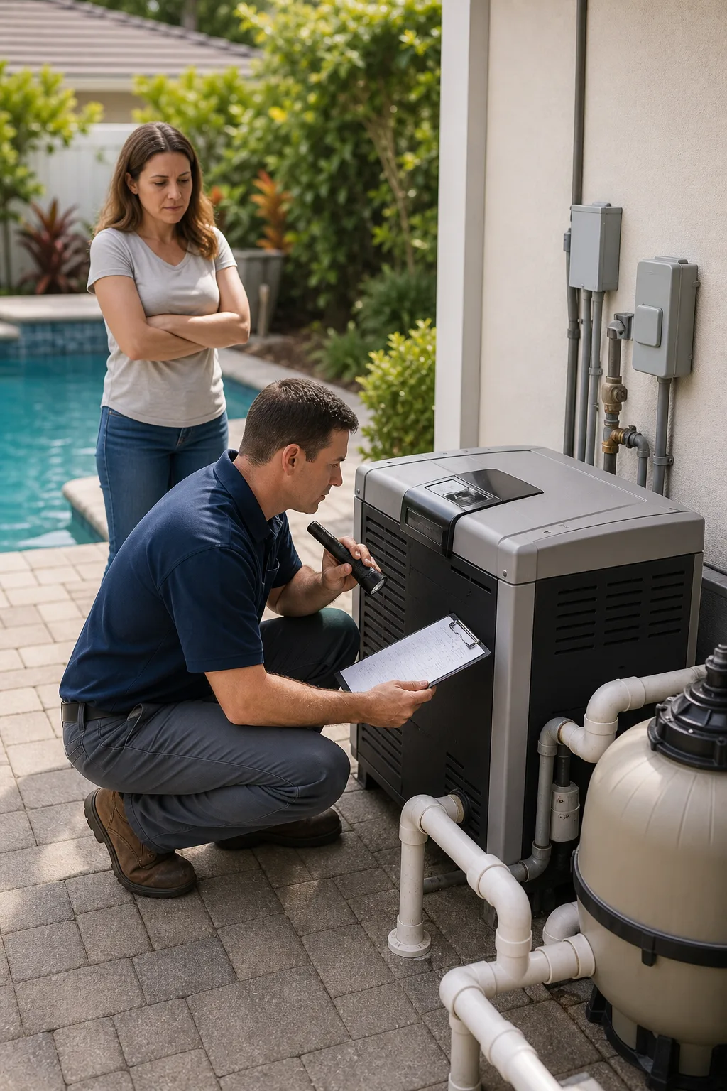 Pool heater inspection with electrical and gas safety checks before repair approval
