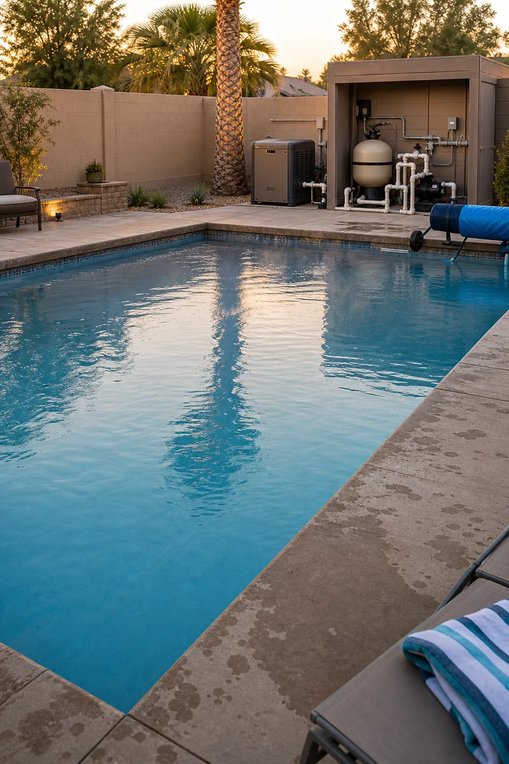 Backyard swimming pool warming up with pool heater equipment in realistic evening light