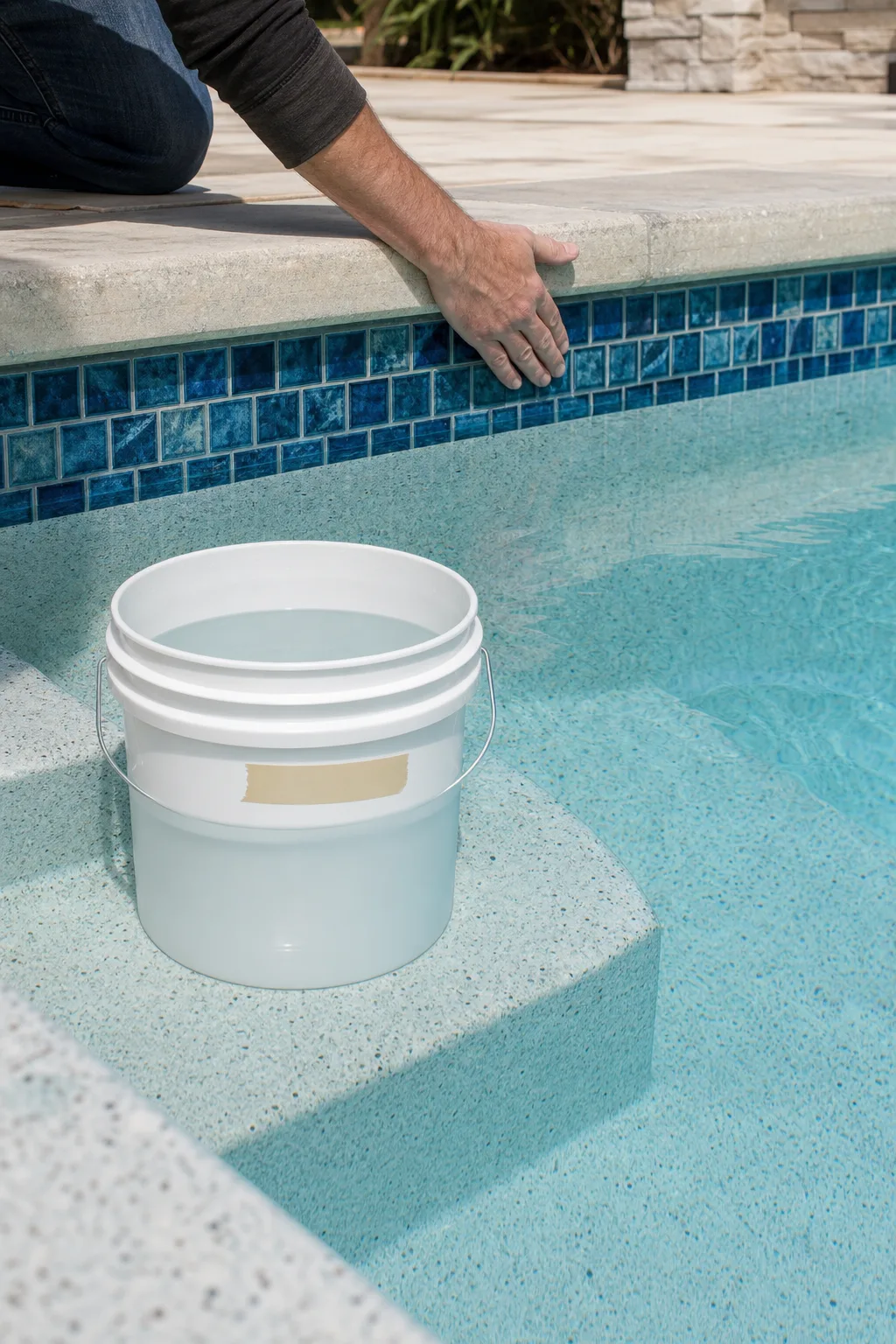 Bucket test setup on pool steps for checking whether water loss is a leak or evaporation