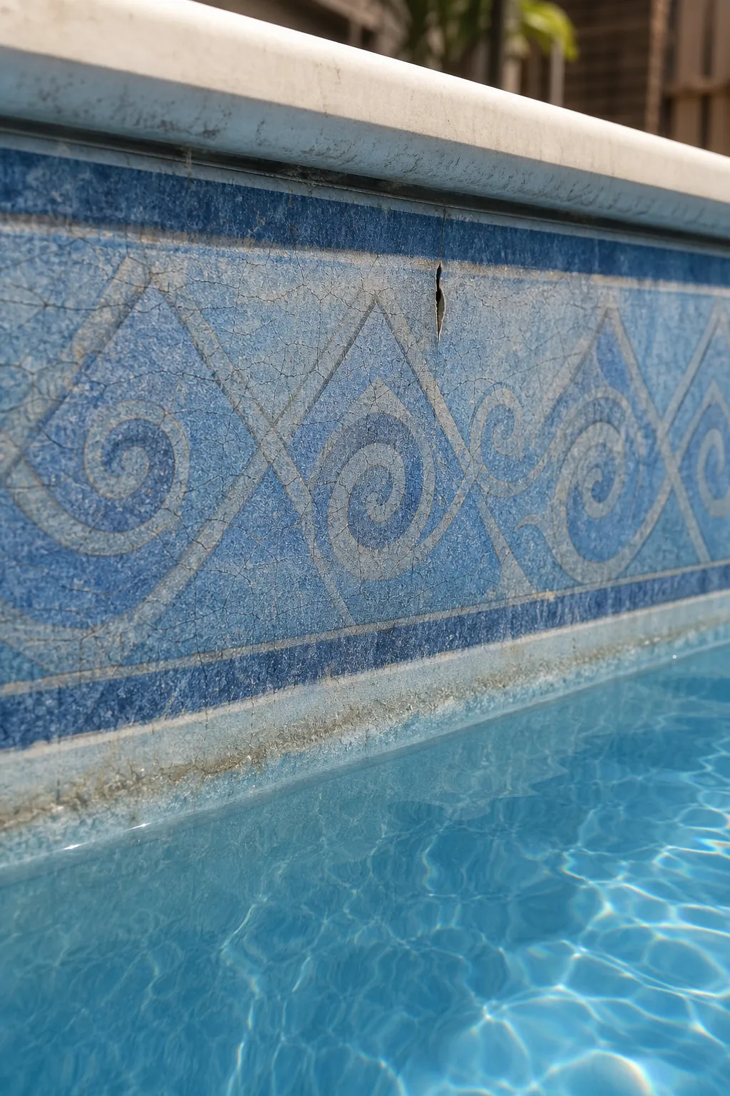 Brittle cracked vinyl pool liner at the waterline showing replacement signs