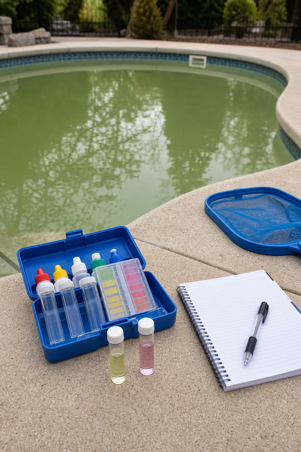 Pool opening water test kit beside green water before adding chemicals
