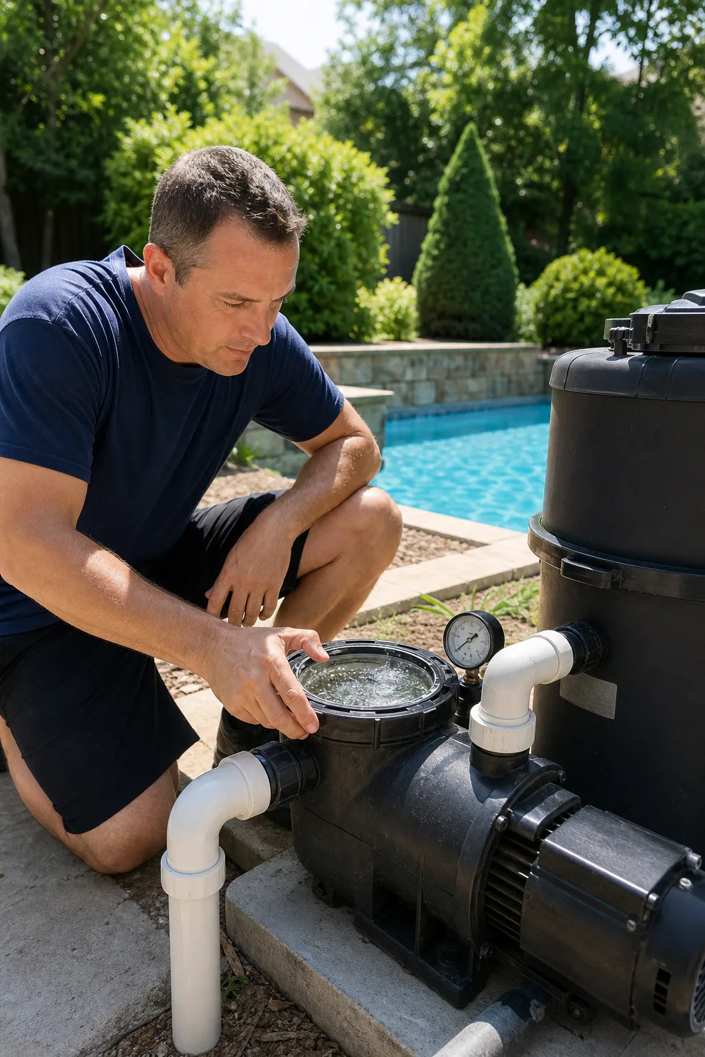 Homeowner checking a pool pump with bubbles and low filter pressure