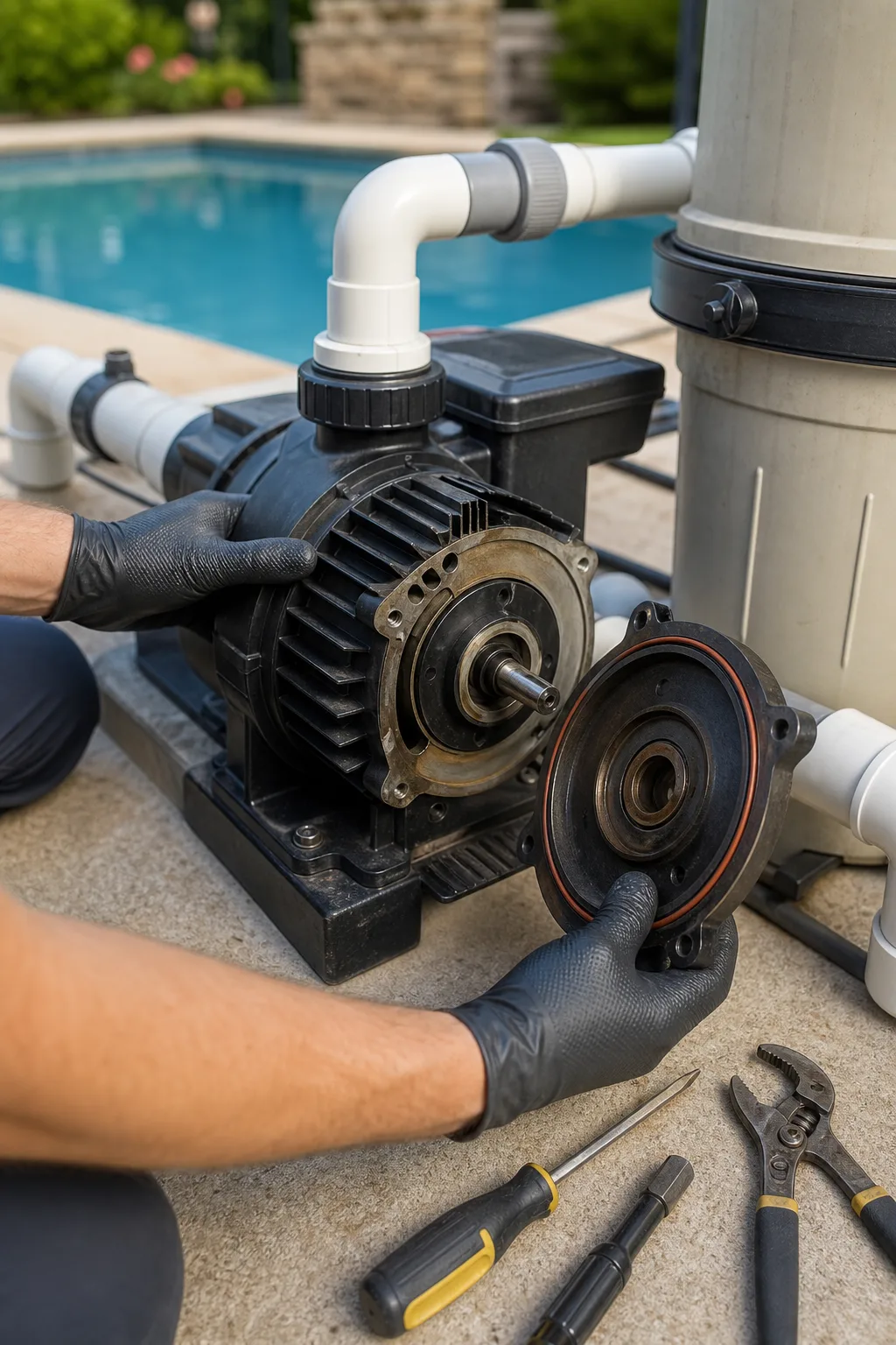 Close inspection of a pool pump motor and seal area before deciding repair or replacement