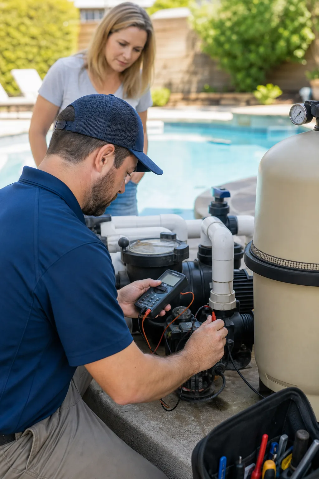 Pool technician inspecting pump and filter equipment before preparing a repair quote