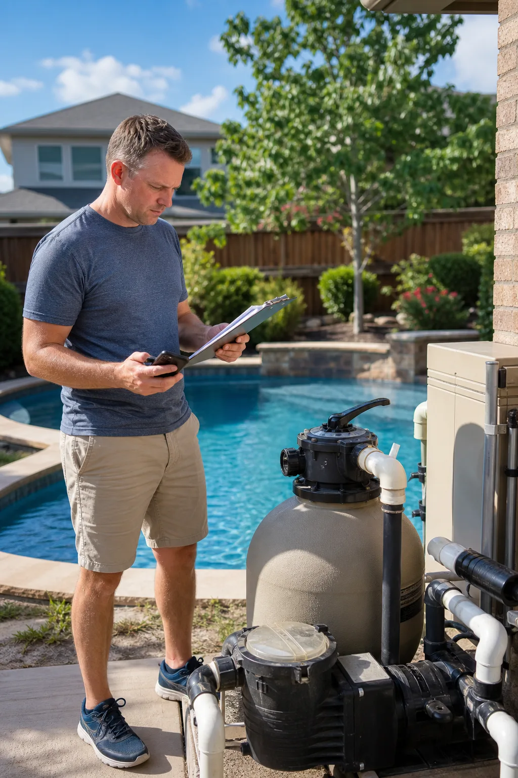 Homeowner reviewing a pool repair quote beside pump and filter equipment