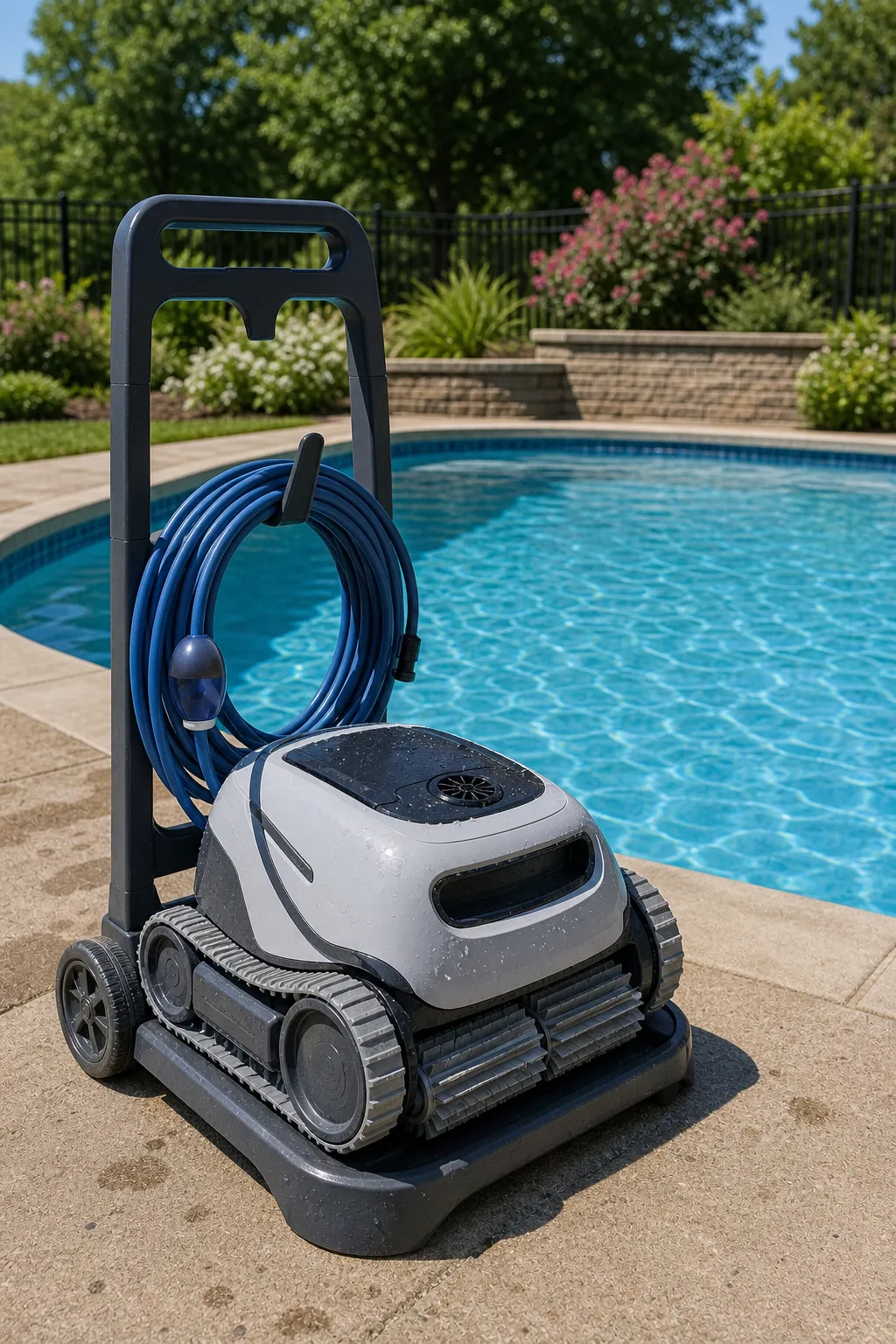 Robotic pool cleaner stored on a caddy after a cleaning cycle beside a clear pool