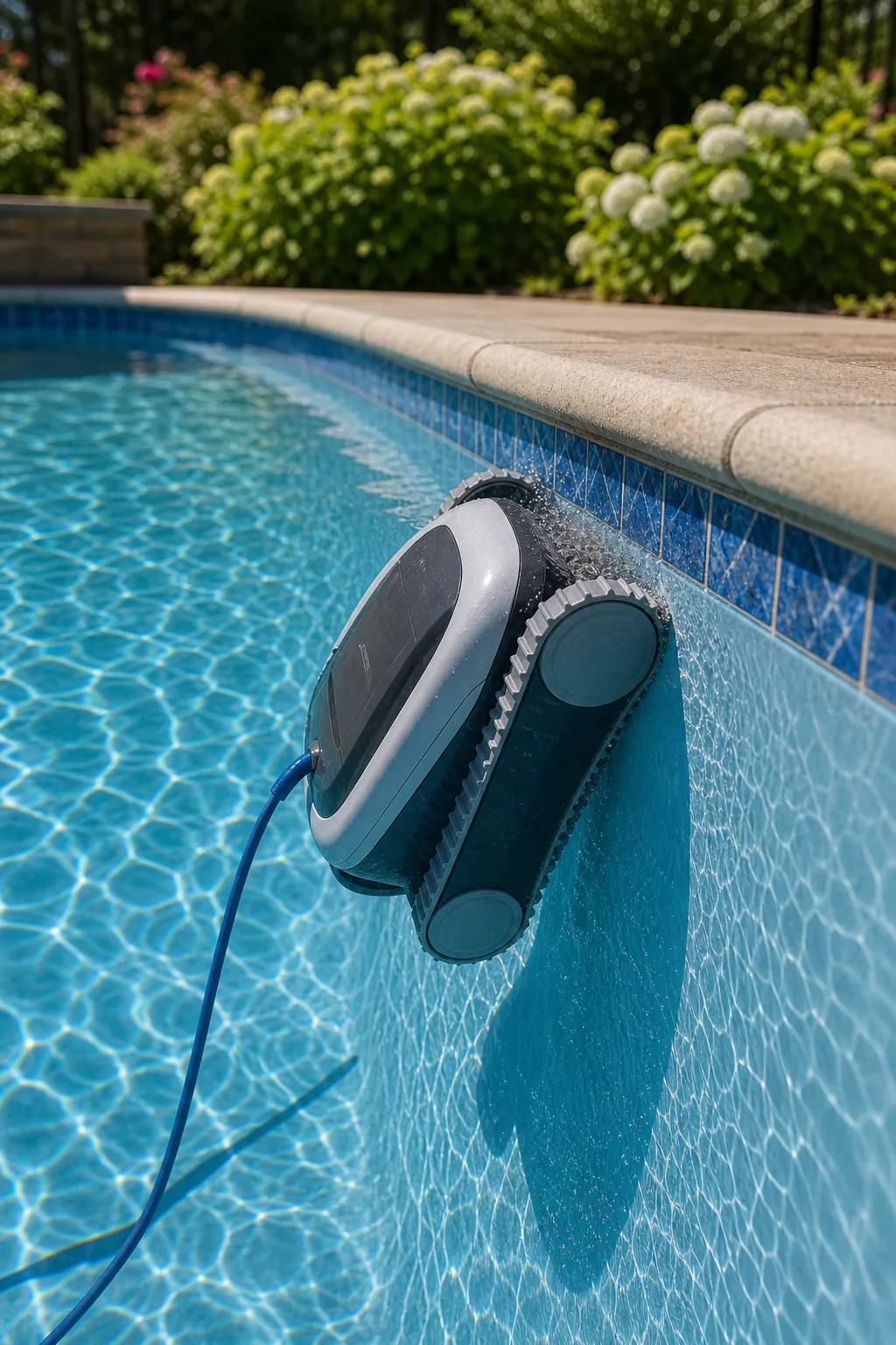 Robotic pool cleaner climbing the wall and scrubbing near the waterline