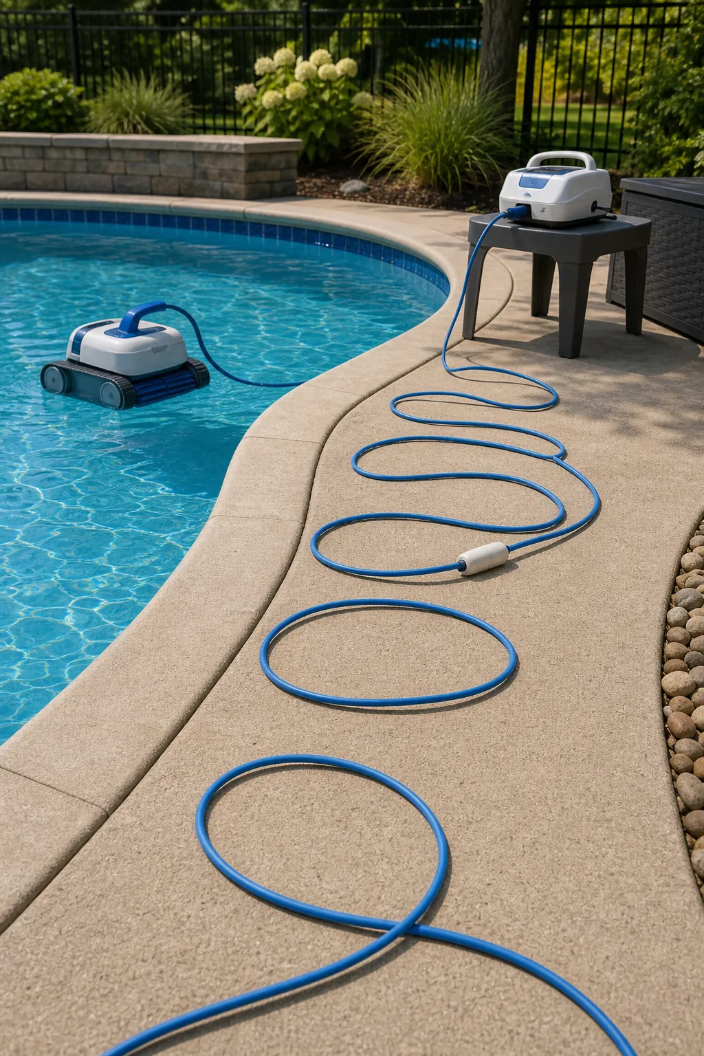 Pool robot cord setup with power supply kept safely away from the pool edge
