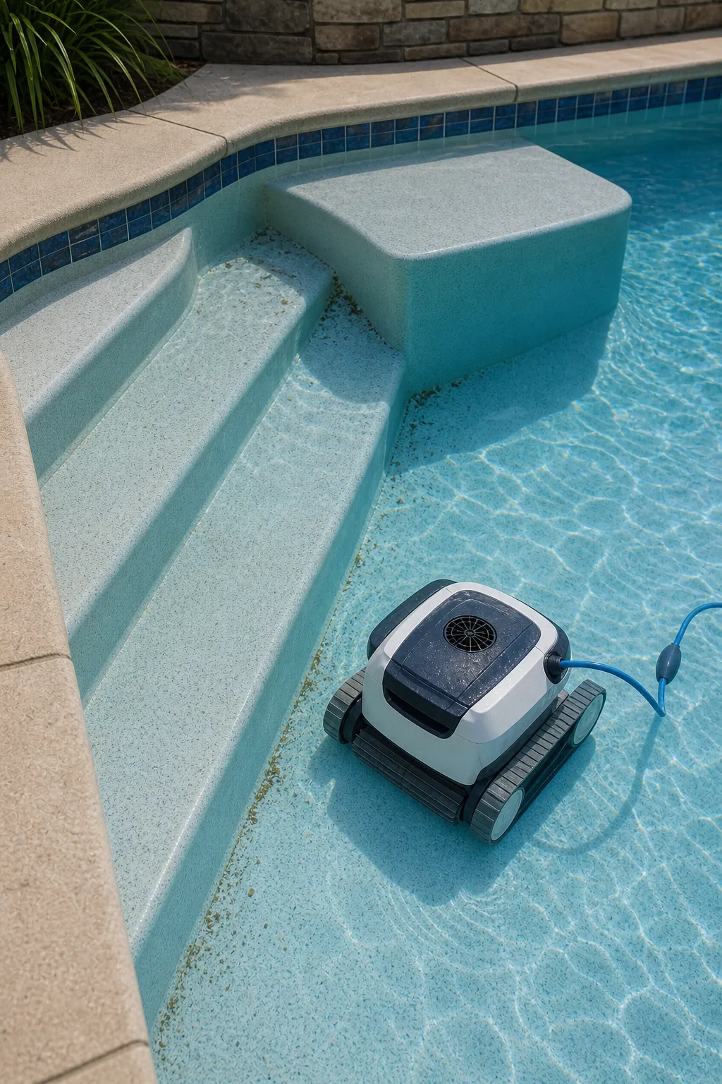 Pool robot near steps and a bench where debris can remain in corners