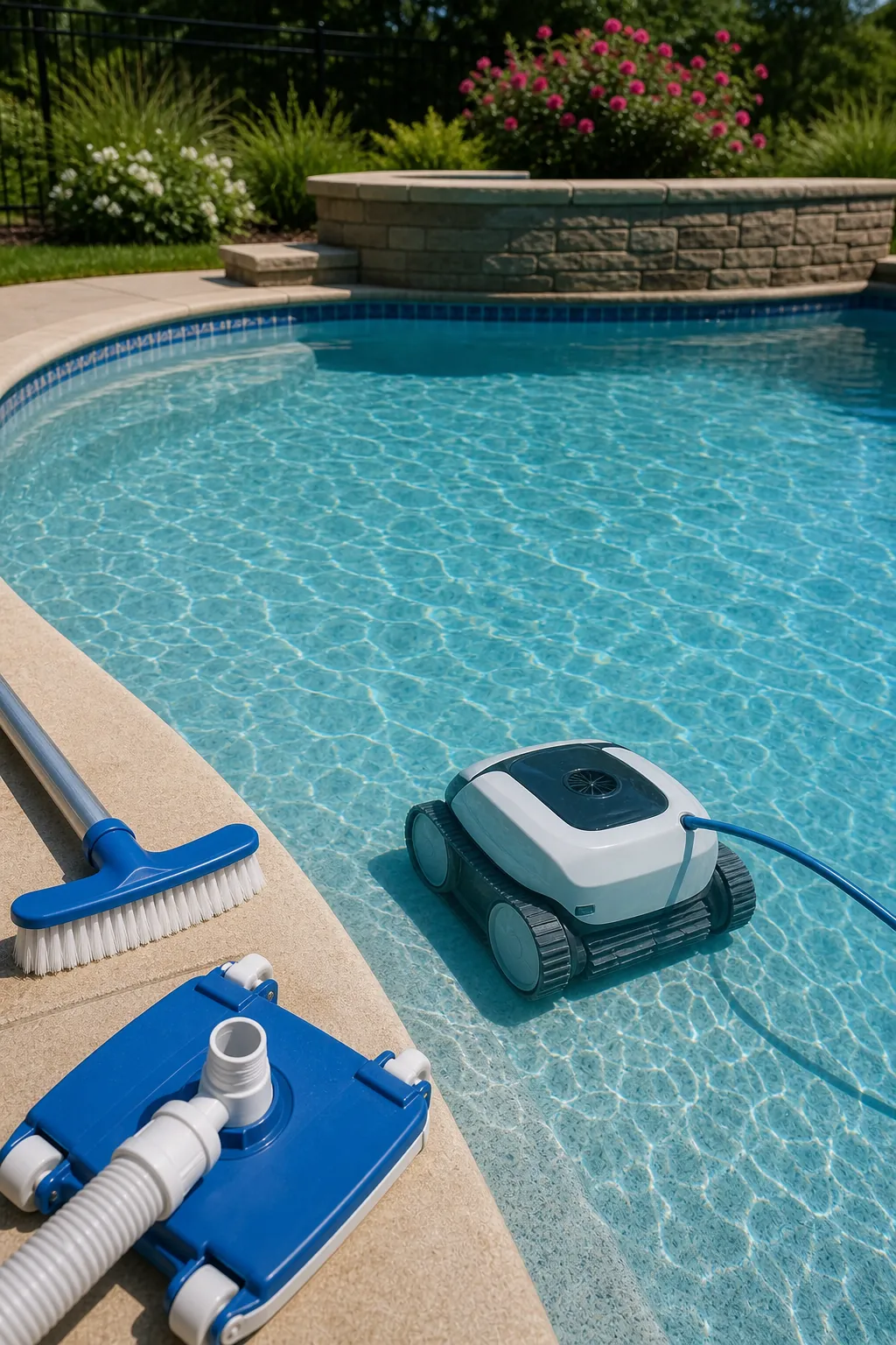 Robotic pool cleaner working in a backyard pool beside manual cleaning tools