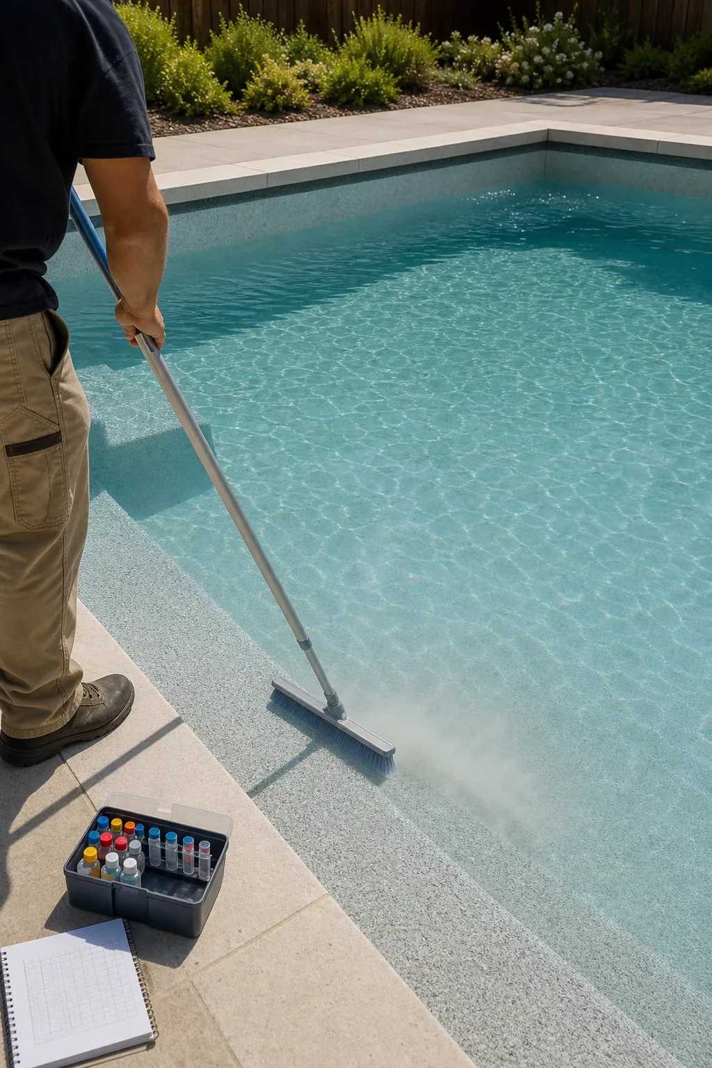 Fresh plaster pool being brushed to remove plaster dust