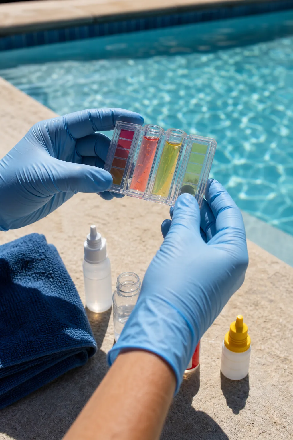 Pool water test kit checking chlorine and pH after a contamination cleanup