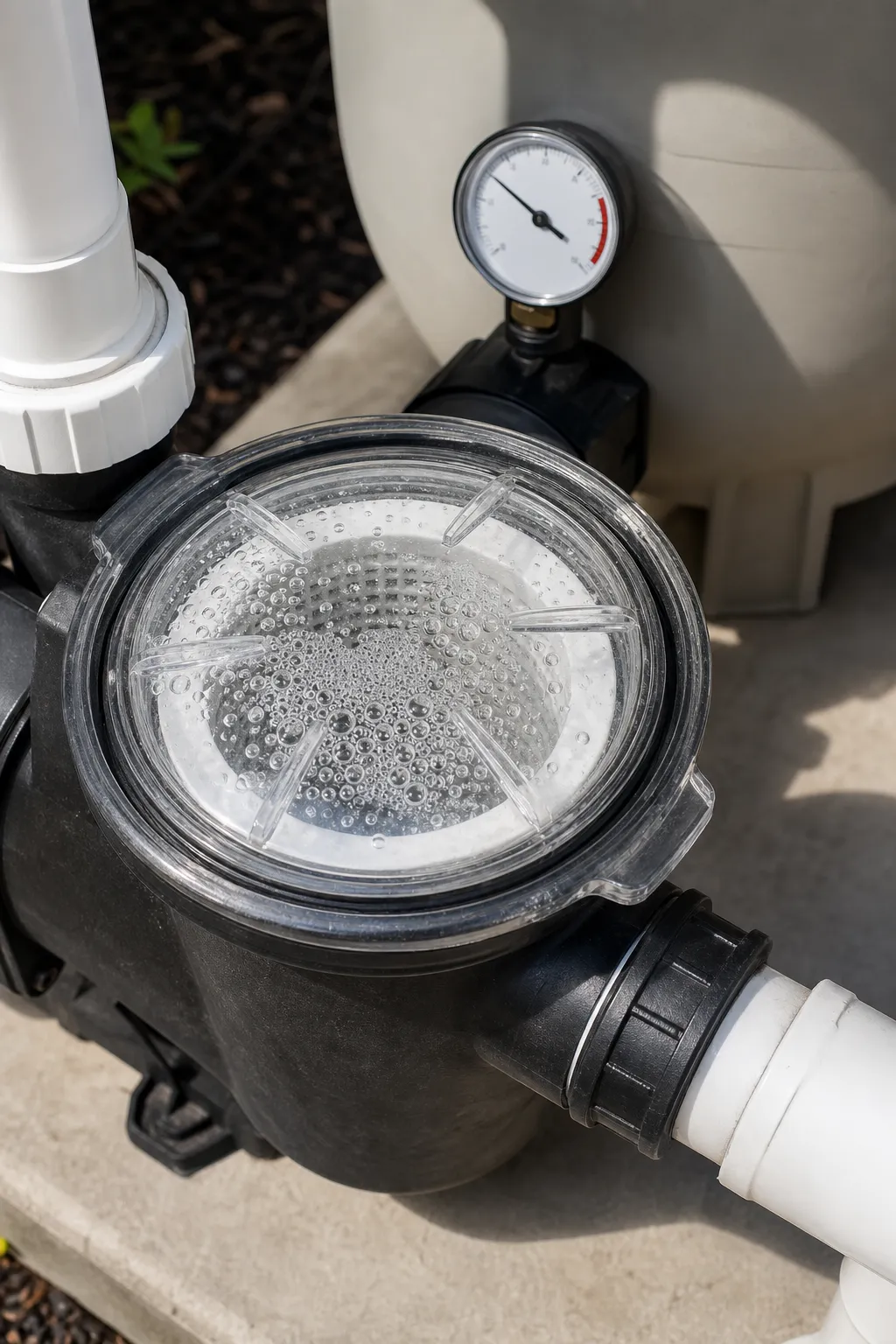 Pool pump basket with visible air bubbles and low filter pressure symptoms