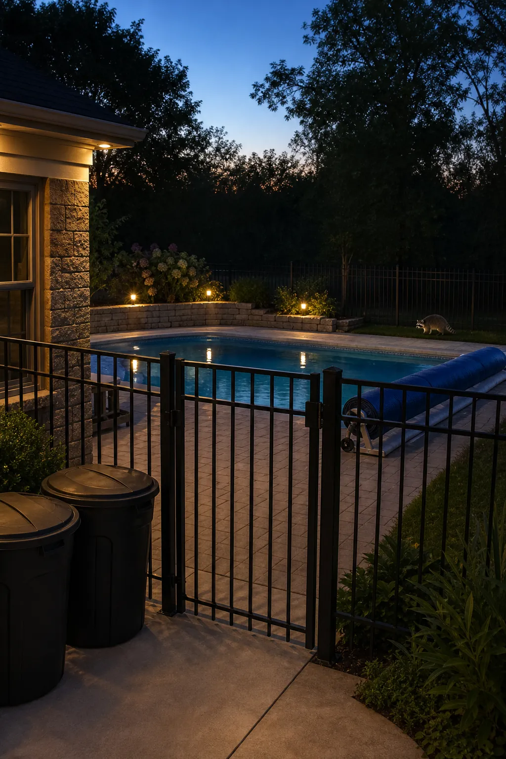 Backyard pool fence and secured trash cans to prevent raccoons from entering the pool area