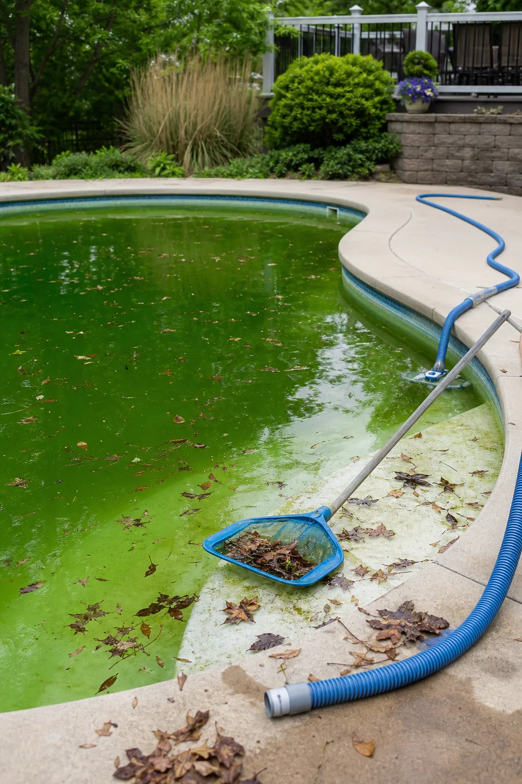 Removing leaves and debris from a green pool before adding shock