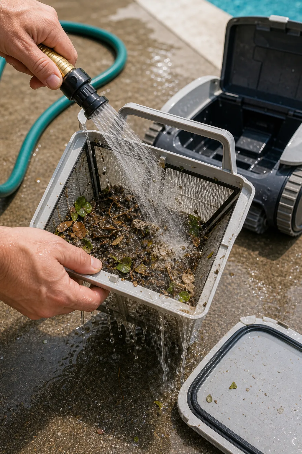 Rinsing leaves and fine debris from a robotic pool cleaner filter basket
