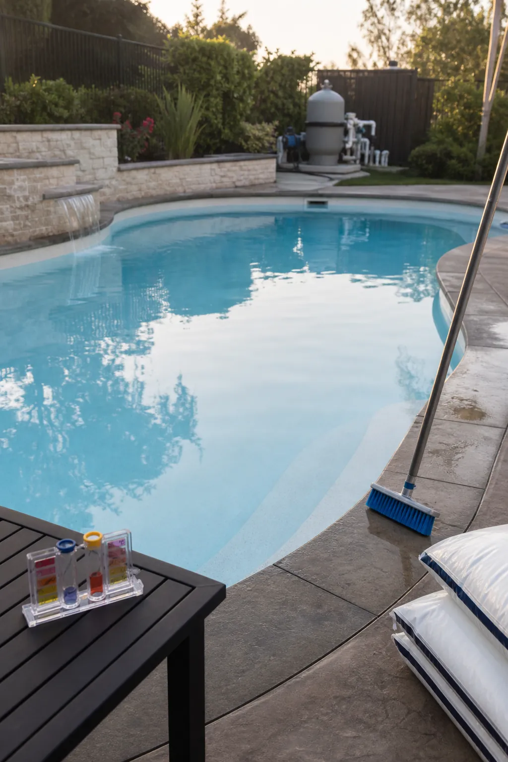 New salt pool startup with fresh plaster and clear water