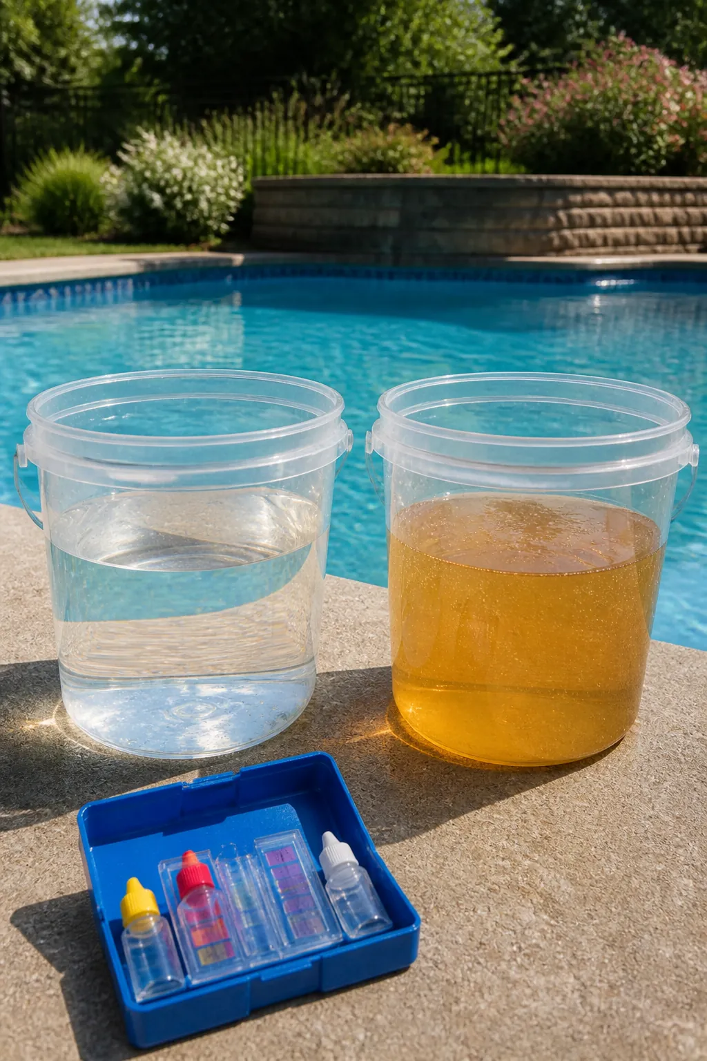 Bucket test comparing clear well water with orange iron oxidation before filling a pool